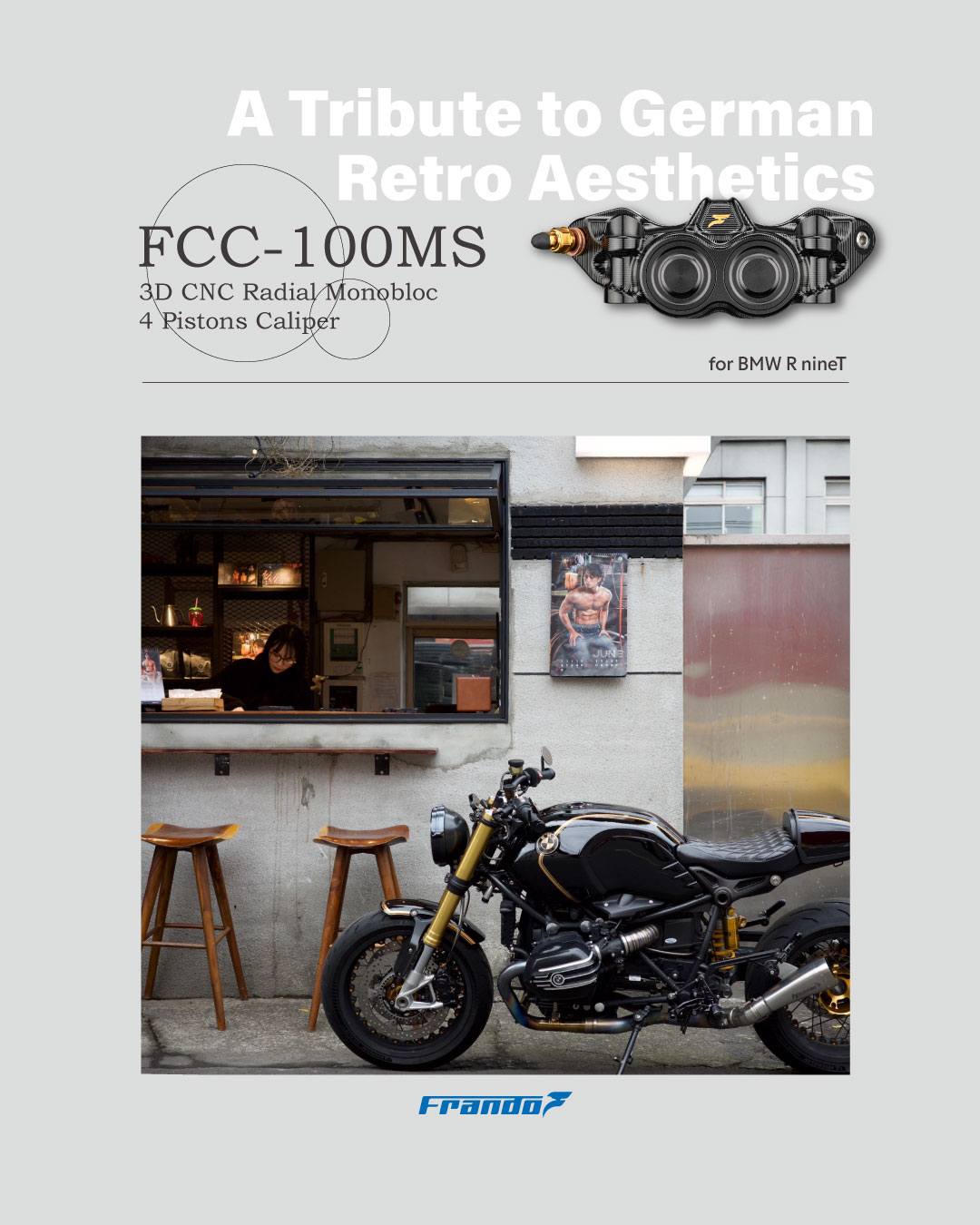 FCC-100MS 3D CNC一體式輻射對四卡鉗 x BMW R nineT，獨領復古機械美學再進化